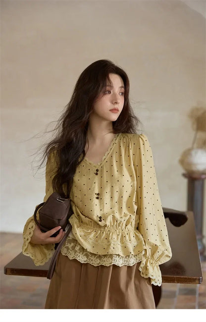 Autumn Yellow Polka Dot Linen Blouse 2025 Autumn Lace V-neck Commuter Top Flare Sleeve Elastic Waist Shirts MXE42X1975