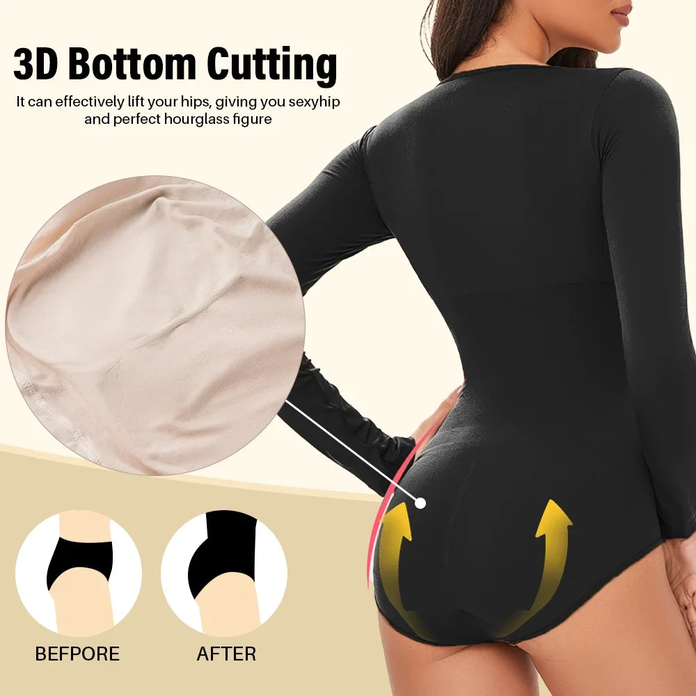 Spandex Elastic Body Suit Shapewear Women Body Shaper Tummy Control Long Sleeve Open Crotch Round Neck Seamless Shapers