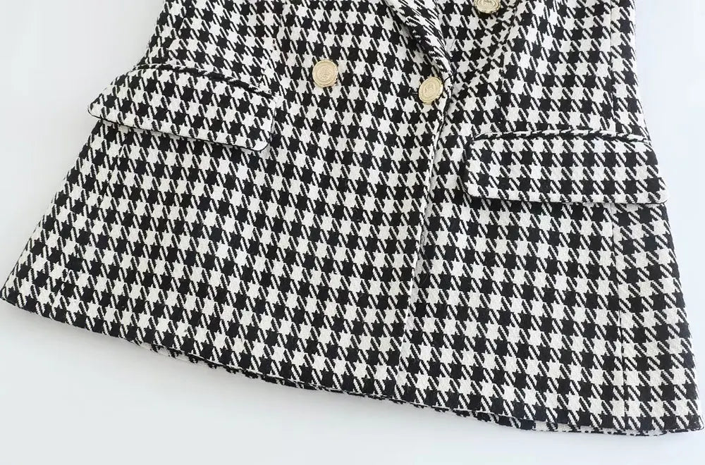 Women Fashion Double Breasted Houndstooth Blazer Coat Vintage Long Sleeve Flap Pockets Female Outerwear Chic Vestes