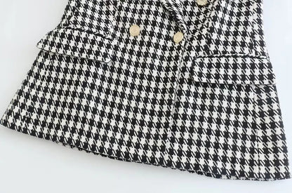 Women Fashion Double Breasted Houndstooth Blazer Coat Vintage Long Sleeve Flap Pockets Female Outerwear Chic Vestes