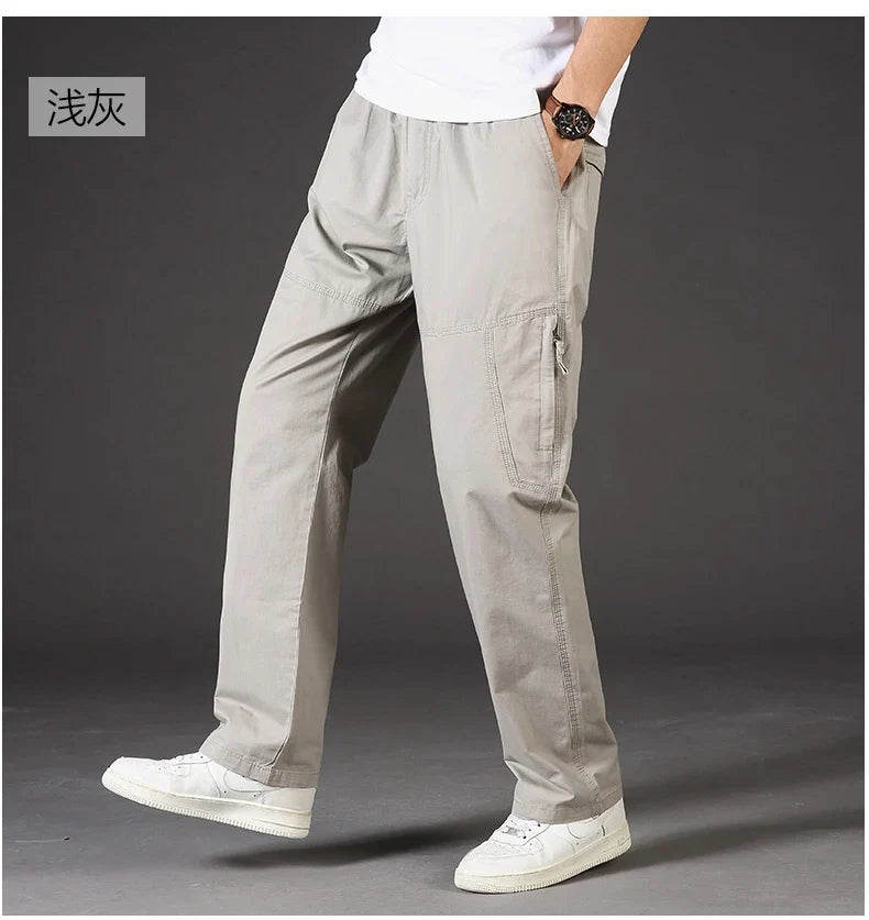 Men's Overalls Cotton Cargo Pants Casual Sports Sweatpants Stretch Waist Work Utility Dungarees Black Gym Jogger Trousers