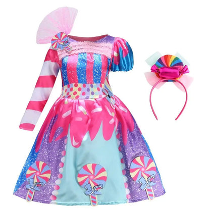 Purim Girls Rainbow Vestidos Candy Fairy Lollipop Cosplay Costume Toddler Girls Birthday Party Carnival Long Short Sleeves Dress
