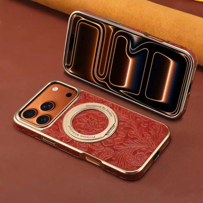 Denior is suitable for iPhone 17/16/15/14/13 Air Pro Max retro printed genuine leather 360 ° rotating bracket phone case
