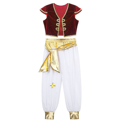 Boys Mythical Prince Arabian Carnival Cosplay Outfit Halloween Party Arabian Prince Role Play Waistcoat Vest Top+Belted Pants