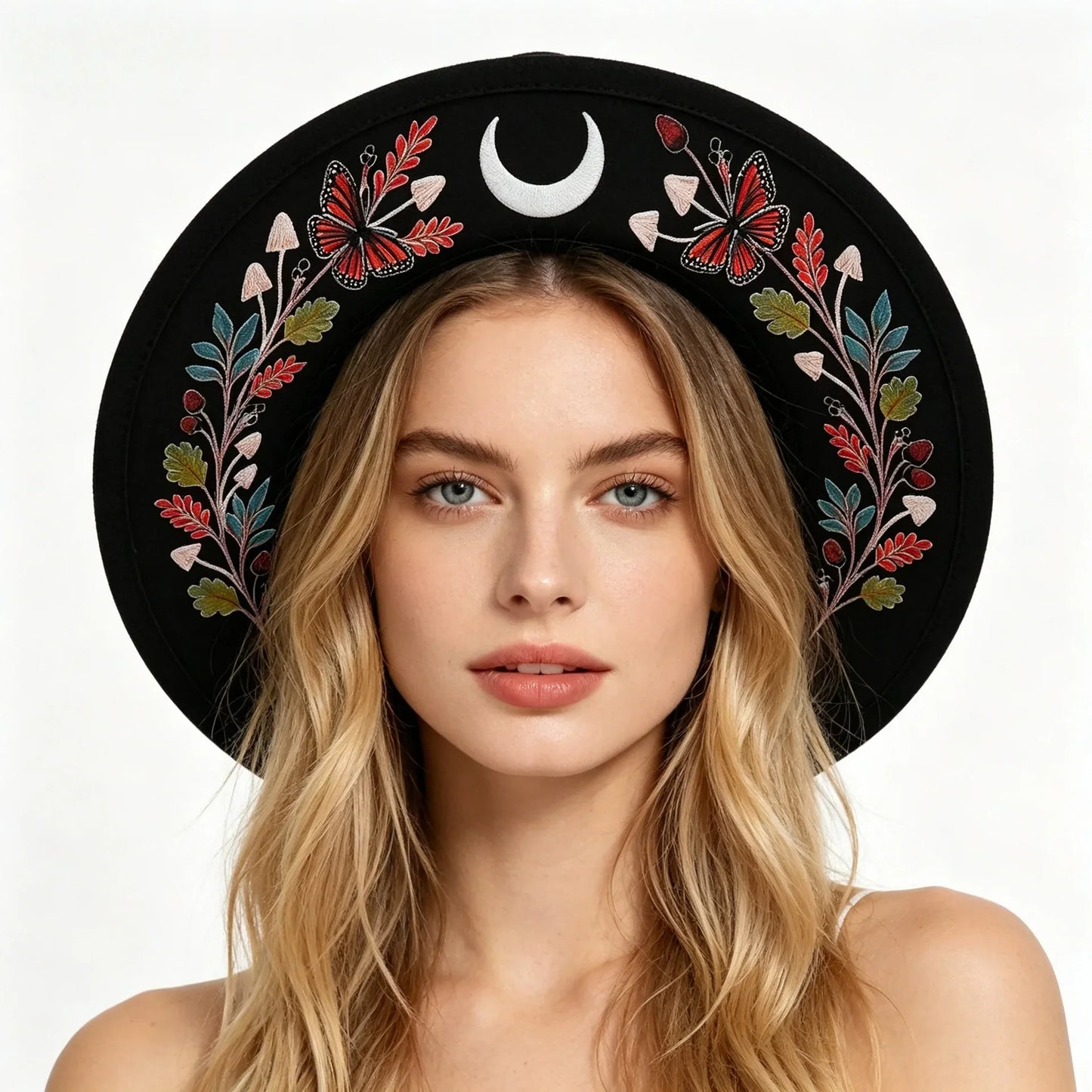 Witch Wide Brim Felt Fedora Hat Crescent Moon Butterfly Mushroom Floral Embroidery Gothic Black Wool Party Costume Hat for Women
