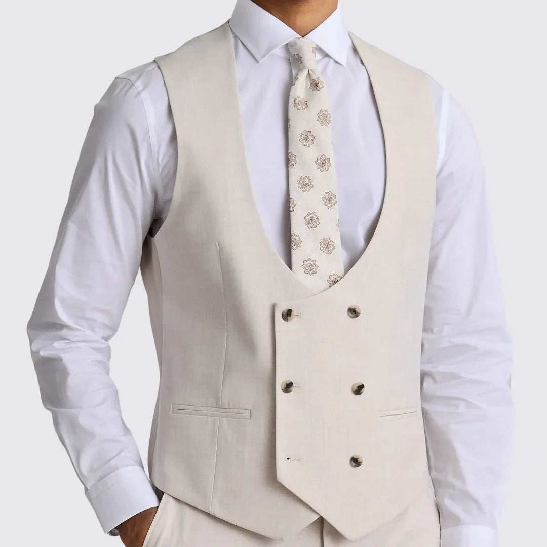 Men Vest Beige Solid Double Button V Neck Waistcoat For Wedding Party Banquet Business Work Daily Casual Men Suit Vest
