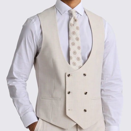 Men Vest Beige Solid Double Button V Neck Waistcoat For Wedding Party Banquet Business Work Daily Casual Men Suit Vest