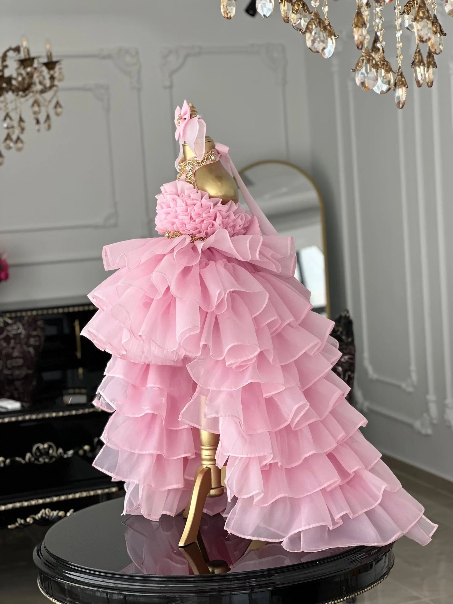White Tulle Beading Ruffles with Bow Princess Flower Girl Dress For Wedding Kids Birthday Party First Communion Ball Gown Custom