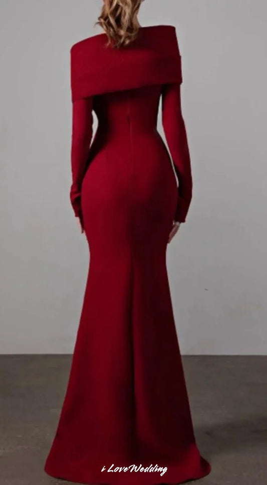 Red off the Shoulder Evening Dress Tight Mermaid Long Sleeve Bridesmaid Dress 2025 Satin Formal Dress Pleated Corset Customized