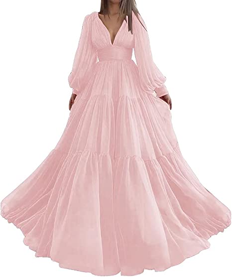 Pleat Tulle Princess Prom Gown V-Neck Long Puff Sleeve Plus Size Evening Gown Elegant Dress Women for Wedding Party