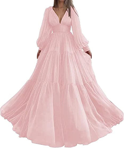 Pleat Tulle Princess Prom Gown V-Neck Long Puff Sleeve Plus Size Evening Gown Elegant Dress Women for Wedding Party