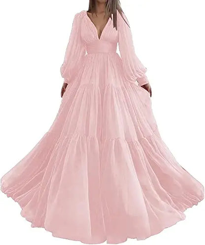 Pleat Tulle Princess Prom Gown V-Neck Long Puff Sleeve Plus Size Evening Gown Elegant Dress Women for Wedding Party