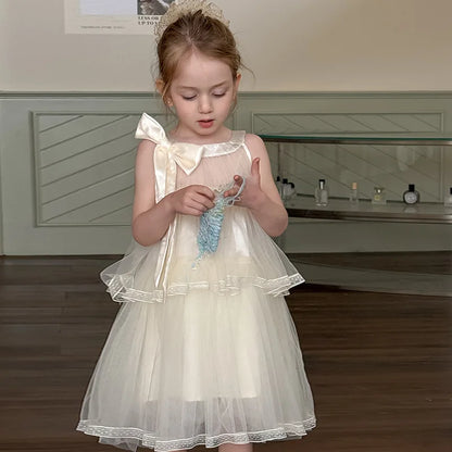 Girls Princess Dress Summer Kids French Sweet Sleeveless Bowknot Tulle Tutu Fluffy Birthday Party Pageant Dresses
