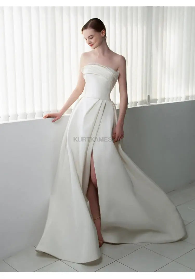 French Luxury White Satin Trailing Wedding Dresses for Bride 2026 Women Elegant Sexy Strapless Long Prom Party Dress Vestidos