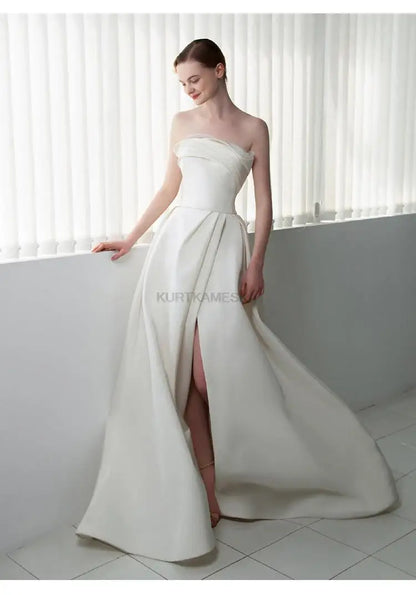 French Luxury White Satin Trailing Wedding Dresses for Bride 2026 Women Elegant Sexy Strapless Long Prom Party Dress Vestidos