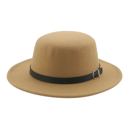 Felted Men Hats Solid Flat Top Belt Band Classic Simple Fedora Hats Khaki Camel Black White Red Casual Formal Dress Winter Hats