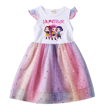 K-Pop Hunters Rumi Baby Girls Dress Children Cartoon Mesh Star Sequins Princess Dress Kids Flying Sleeve Skirt For Birthday Gift
