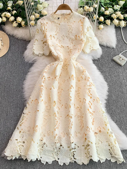 Ele Summer Lace round Ne Dr Women's High Waist Slimming Long Skirt Korean Sle Commute High Softn Regular Sve