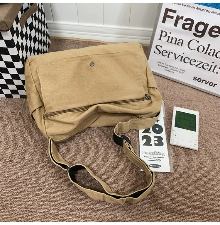 Solid Color Canvas Shoulder Bags Women 100% Cotton Satchels Korea Style Cloth Messenger Bags Large Crossbody Bags Book Packages
