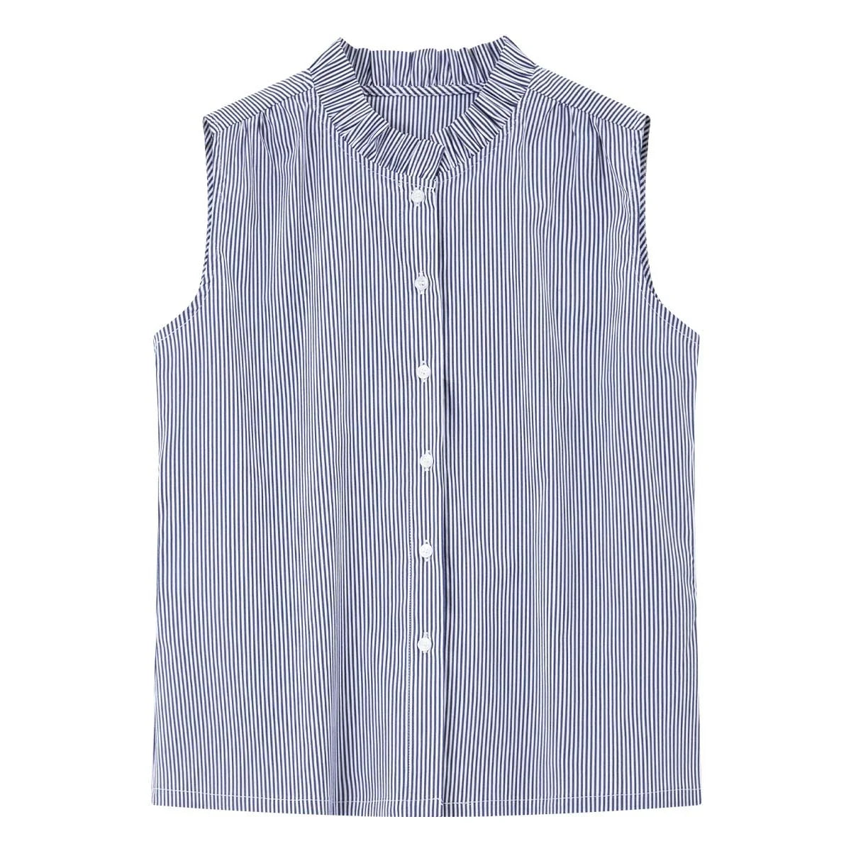 Women's Navy Blue Striped Sleeveless Shirts Office Lady 2026 Spring New Casual Ruffled Stand Neck Female Blouses A3565