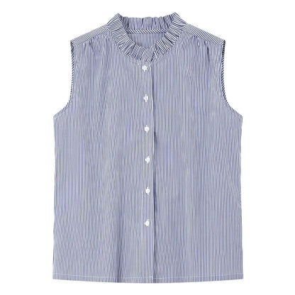 Women's Navy Blue Striped Sleeveless Shirts Office Lady 2026 Spring New Casual Ruffled Stand Neck Female Blouses A3565