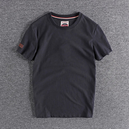 Summer New American Retro Short-sleeved O-neck Solid Color T-shirt Men's Fashion Simple 100% Cotton Washed Casual Sport Tops