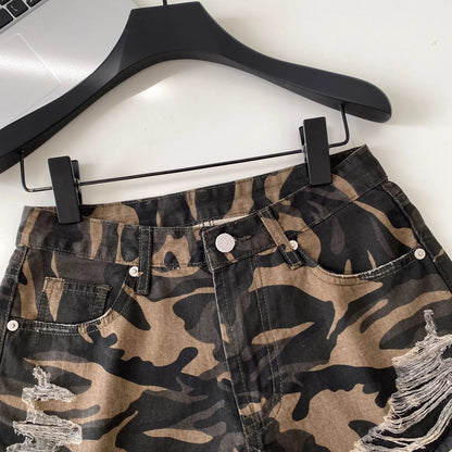American Retro Camouflage Mini Shorts 2026 Ladies Hollow Out Slim Beach Pants Hot Girl Sexy Print Denim Shorts