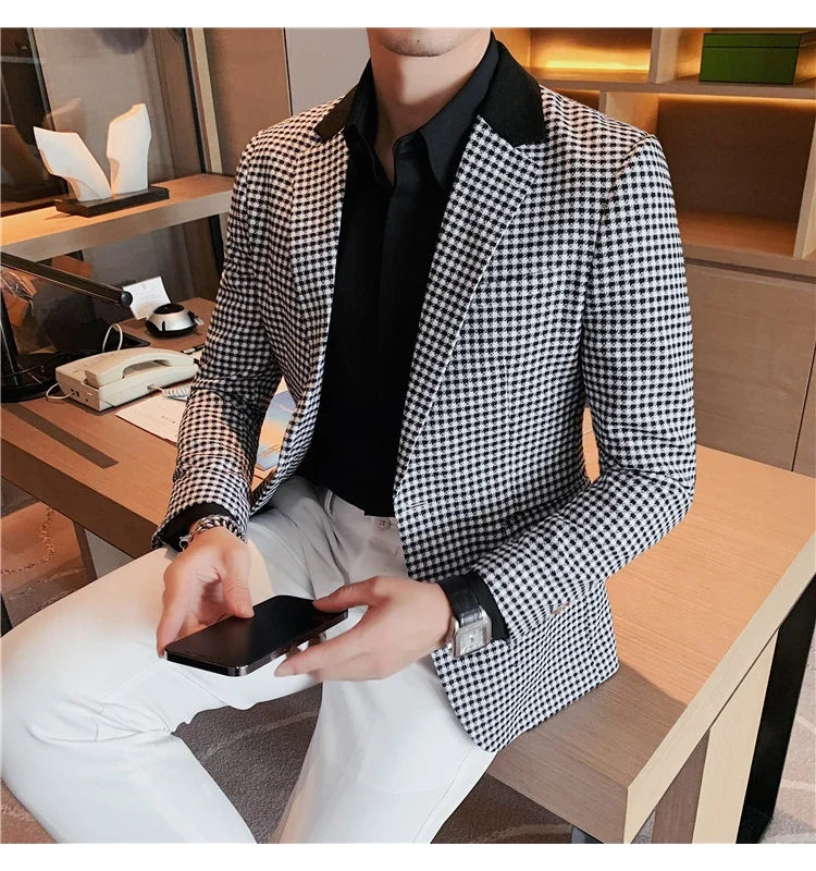 2024 Autumn Winter Korean  Houndstooth Blazer Jackets Fashion Color Matching Lapel Design Casual Men's Plaid Suit Coat Tuxedo
