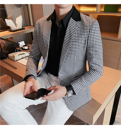 2024 Autumn Winter Korean  Houndstooth Blazer Jackets Fashion Color Matching Lapel Design Casual Men's Plaid Suit Coat Tuxedo