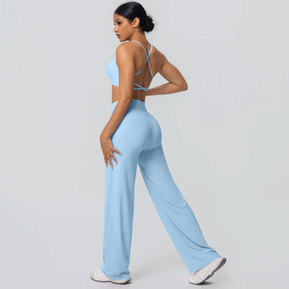 Women Gym Sports Yoga Suit Sexy Beautiful Back Yoga Underwear With Chest Pad Solid Color High Waisted Wide Leg Pants Yoga Set