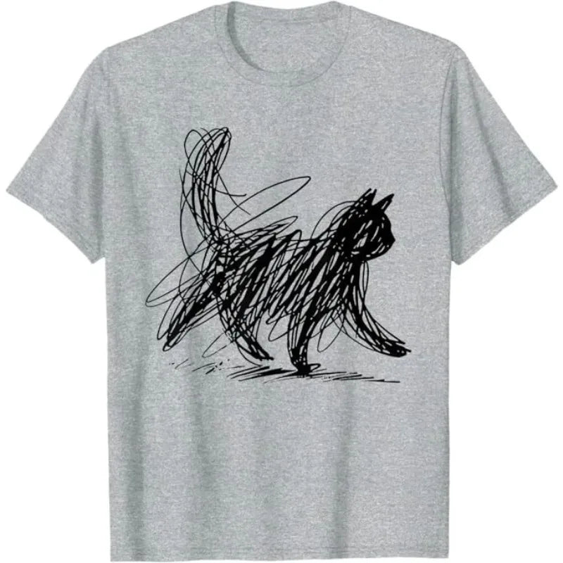 Trendy Streetwear Minimalist Cat Art T Shirt Women's Men Cotton Tee Casual Summer Oversized Humor Short Sleeve Cats Lovers Gifts