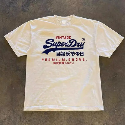Retro SuperDry Style Japanese Logo Graphic T Shirt for Men 100% Cotton Oversized Streetwear White 2026 New