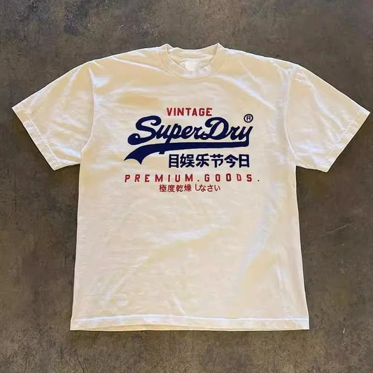 Retro SuperDry Style Japanese Logo Graphic T Shirt for Men 100% Cotton Oversized Streetwear White 2026 New