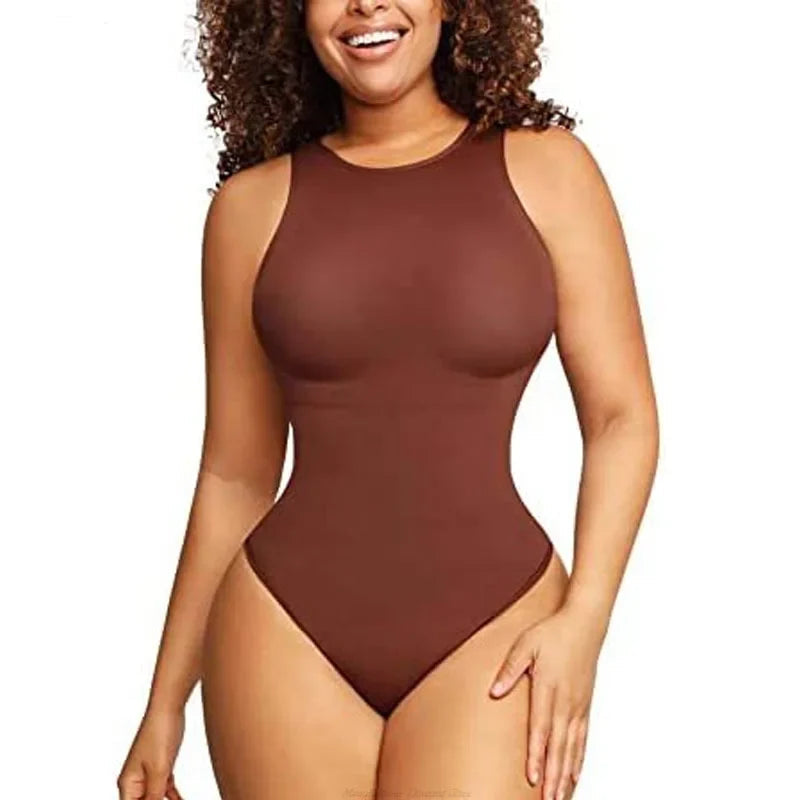 New Seamless Crew Neck Body Sculpting Shaper Women's Sleeveless Tummy Control Bodysuit Shapewear Racerback Tank Tops Thong Snap