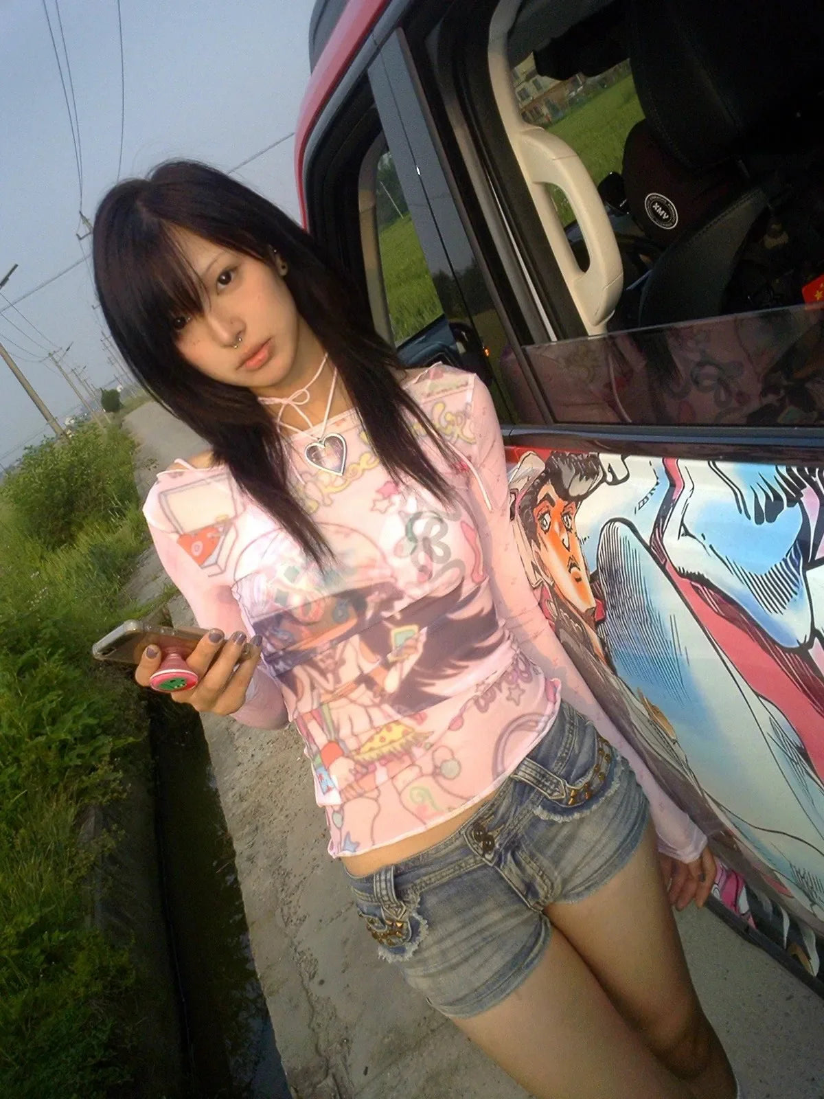 Karrram Japanese Y2k Anime Print Mesh Tops 2000s Aesthetics Pink Sheer Top Vintage Harajuku Kawaii See Through T-shirt Lolita