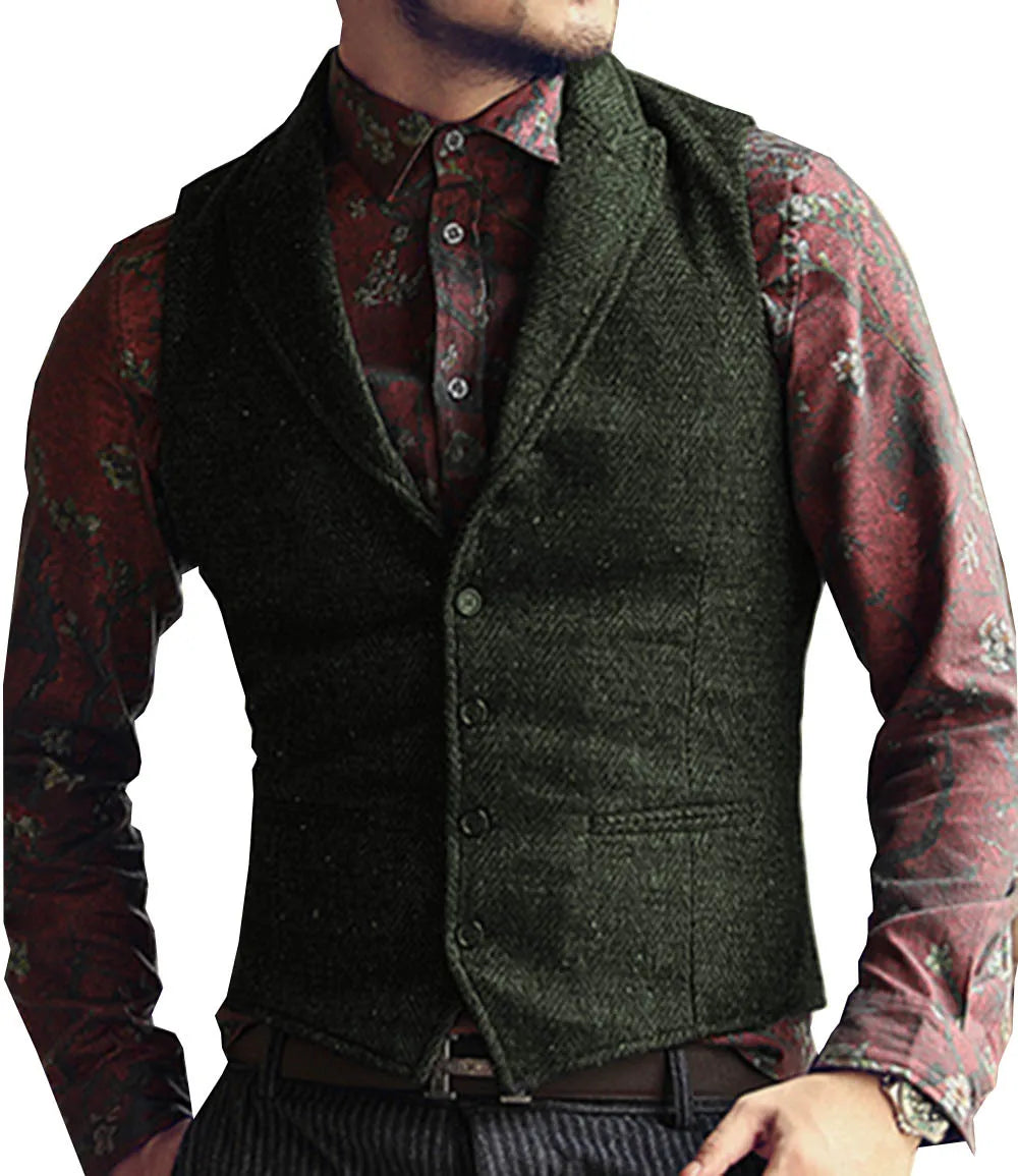Men's Suit Vest Slim Fit Herringbone Pattern Mail Waistcoat Flip Tie Pocket Vest Business Banquet Wedding Groomsman Dress Vests