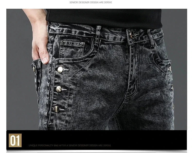 Men's Vintage Jeans Designer Korean Fashion Snowflake Wash Stretch Straight Pencil Pants Classic Slim Male Denim Trousers