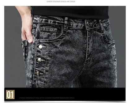 Men's Vintage Jeans Designer Korean Fashion Snowflake Wash Stretch Straight Pencil Pants Classic Slim Male Denim Trousers