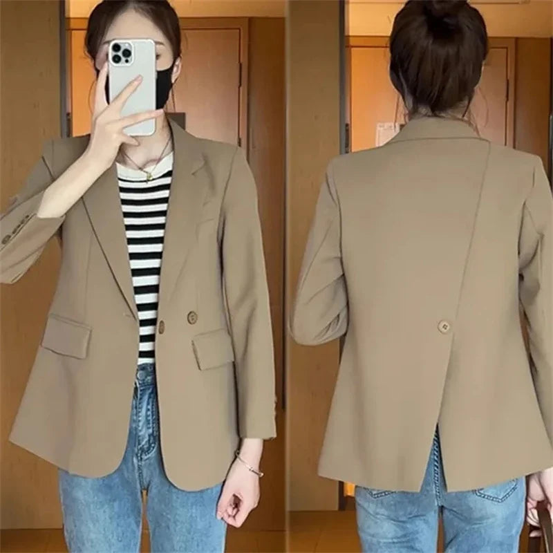 Suit Jacket Spring 2025 New Women Blazers Casual Notched Female Chic Coat Slim One Button Temperament Suit Coats Khaki Outwear