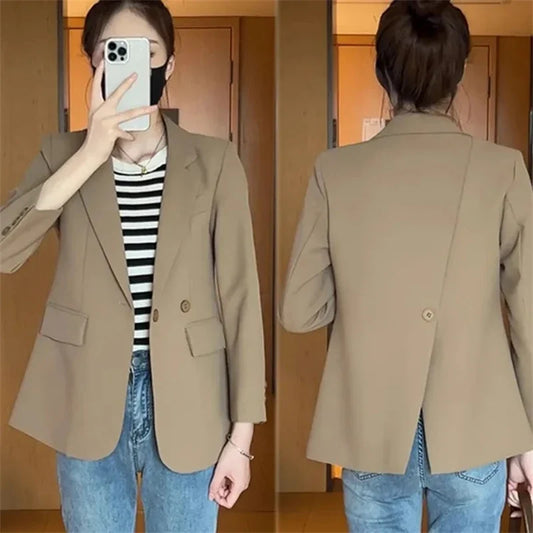 Suit Jacket Spring 2025 New Women Blazers Casual Notched Female Chic Coat Slim One Button Temperament Suit Coats Khaki Outwear