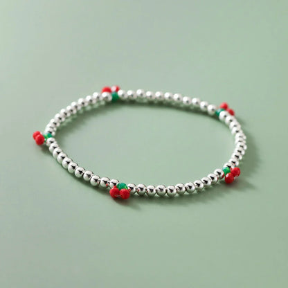 Real 925 Sterling Silver Basic Cherry Round Beads Adjustable Bracelet for Women Charm Bracelet Fine Jewelry Birthday Gift
