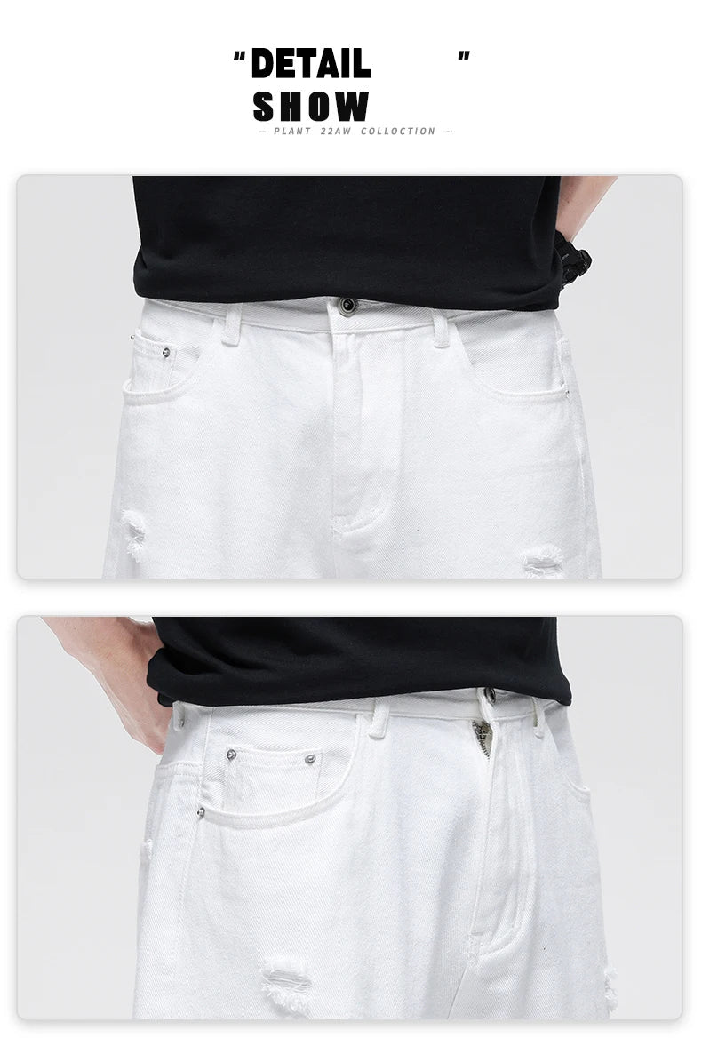 Summer New White Casual Men's Denim Shorts Ripped Fashion Loose Straight Street Bermuda Jeans Male Hole Short Pants