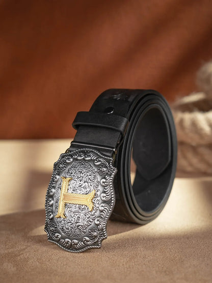 Western Cowboy PU Leather Belt - Men Waist Strap Bull Decoration Floral Engraved for Jeans