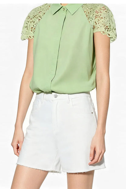 Women Shirt 2026 Summer New Lace Patchwork Lapel Collar Dolman Sleeve Blouse Loose Mid Length Office Cotton Shirt 12642040