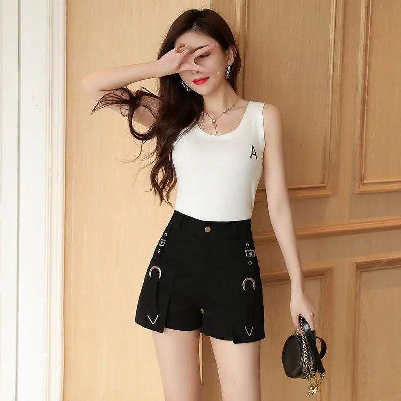 2026 Summer K Fashion High Waisted Wide Leg Denim Shorts for Women Slimming Tummy Control Hot Pants Outwear Casual Streetwear