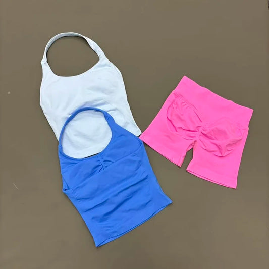 Women Seamless Gym Set 2Pcs Halter Neck Sports Crop Top High Waist Scrunch Butt Shorts Workout Fitness Yoga Tracksuit Sportswear