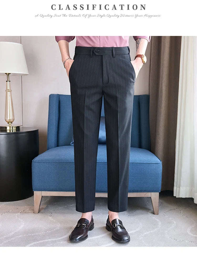 Men's Elastic Waist Striped Suit Pants 2025 New Social Casual Trousers Slim Fit Suit Pants Business Office Wedding Men Clothing