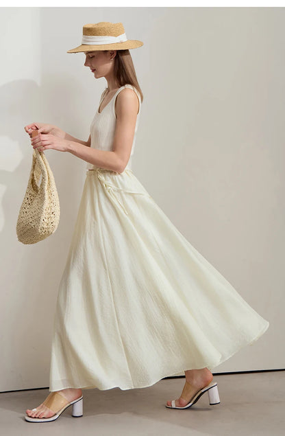 Minimalist New Summer Knee Length A-line Skirt Women Adjustable Drawstring Solid Color Commuting Style Loose Skirt 12522025