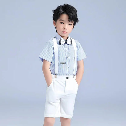 Boys 007 Photograph Suit School Kids Shirt Strap Pants Bowtie 4PCS Clothing Set Children Piano Performance Dance Dress Costume
