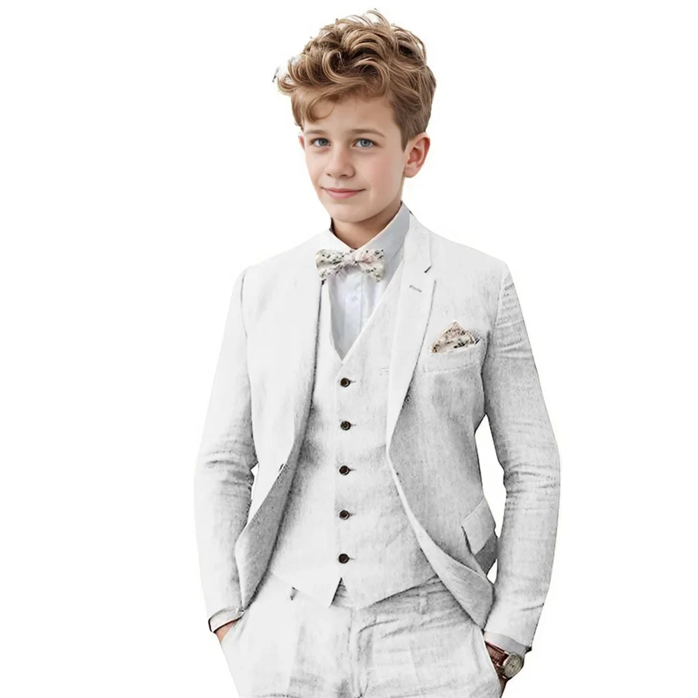 Breathable Linen Boys Suit Set 3 Pieces For Wedding Party,Notched Lapel Kids Suits Piano Performance Outfit Toddler 3-16Y